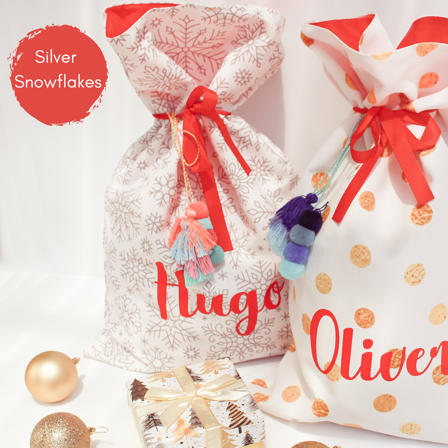 PERSONALISED SANTA SACK - Silver Christmas Snowflakes - Cubs & Co.