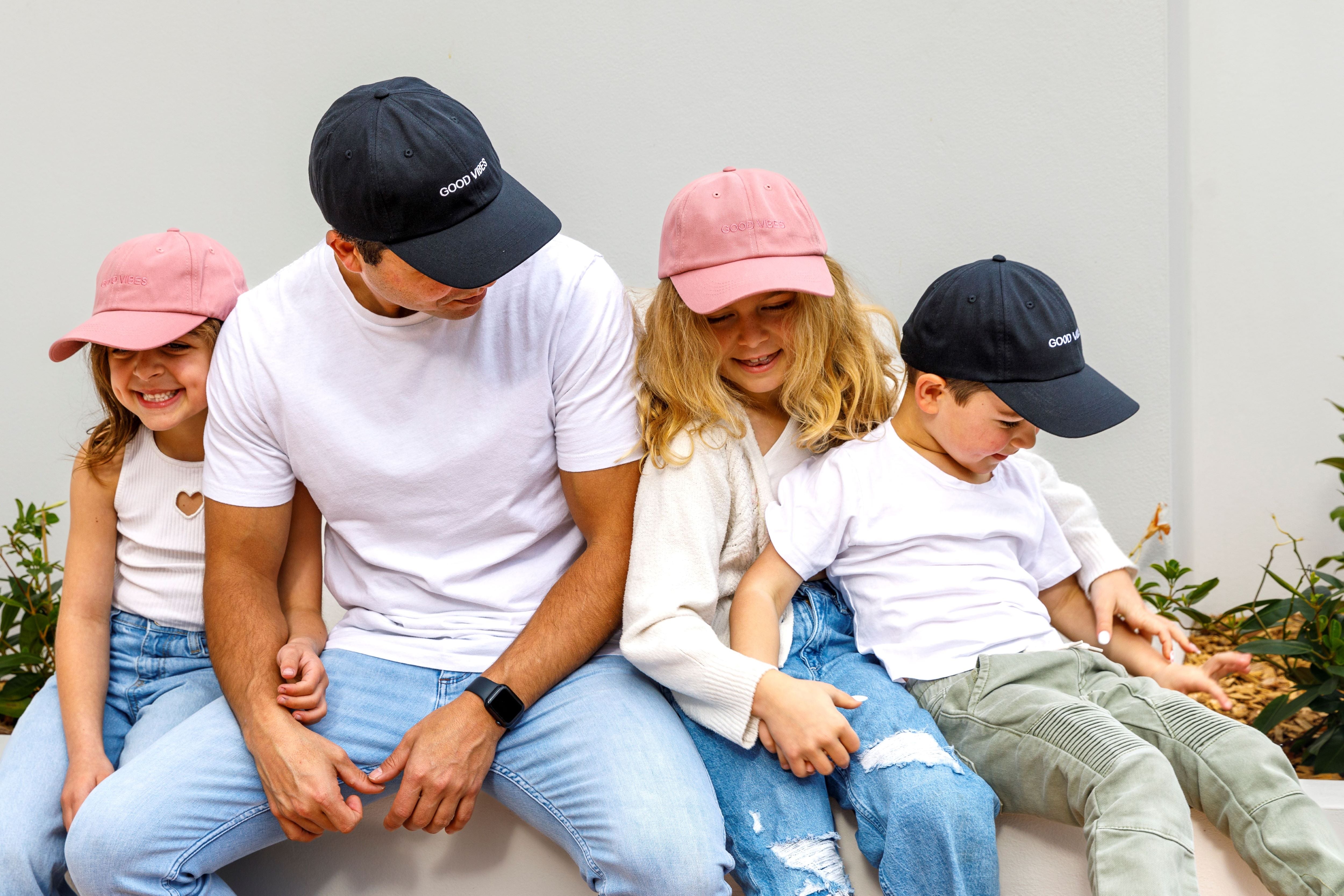 matching father and kids good vibes caps