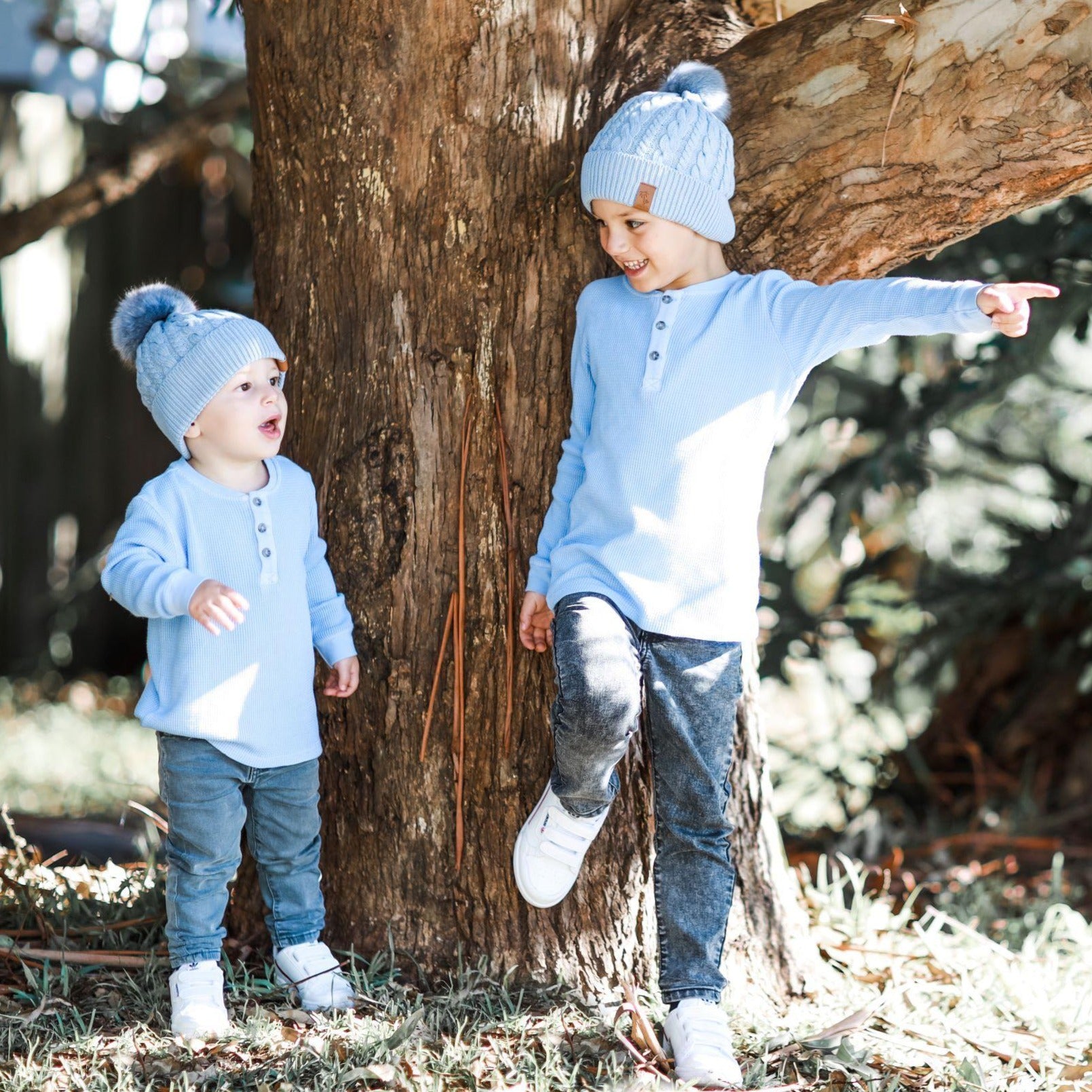 Matching kids blue winter cotton beanie with pom pom. Cubs & Co. Australia.