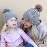 Matching mum and daughter brown winter cotton beanie with pom pom. Cubs & Co. Australia.
