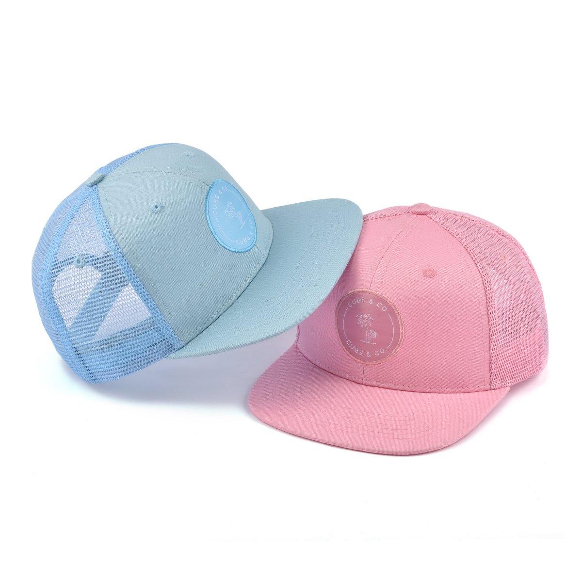 Matching blue and pink trucker hat for babies, toddlers, kids, men and women. Cubs & Co. Australia
