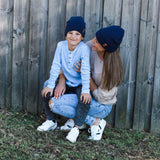 mum and child wearing persoanlised beanie, cubs and co sydney