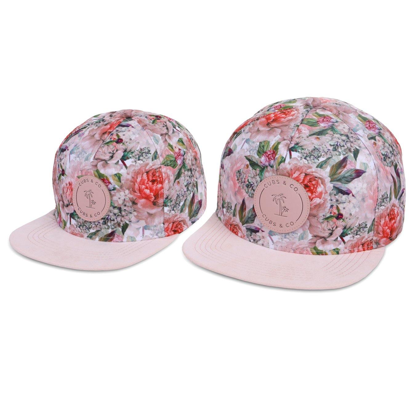 Matching Kids and women's pink floral snapback hat. Cubs & Co. Australia.