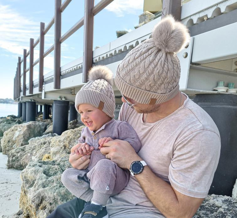 matching dad and son 100% cotton pom pom brown beanies. Great fathers day gift. cubs and co Australia
