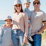 Family wearing matching personalised grey baseball caps with their initials. Cubs & Co. Australia.